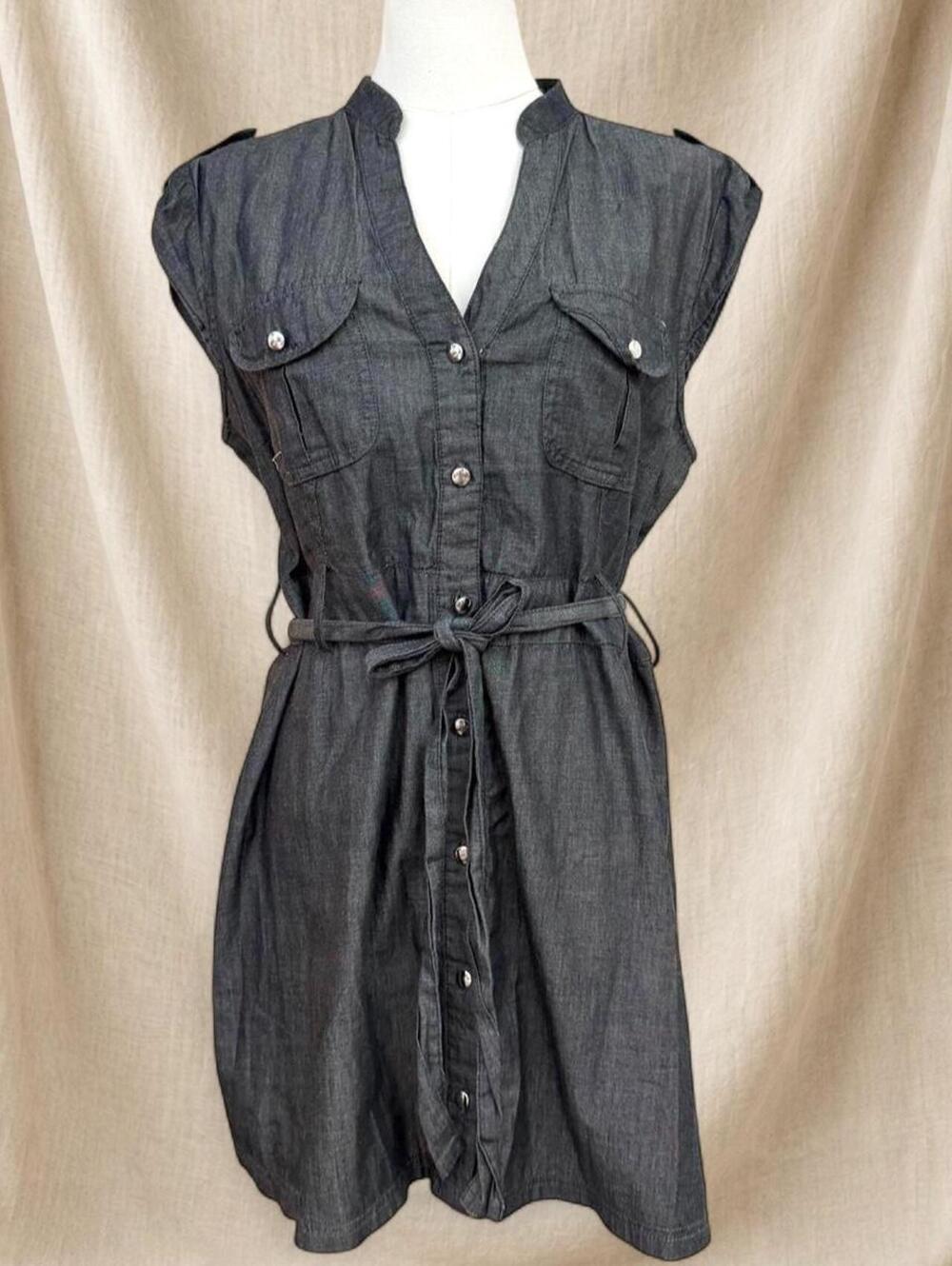 Dark gray mini dress with tie waist and button-up front
